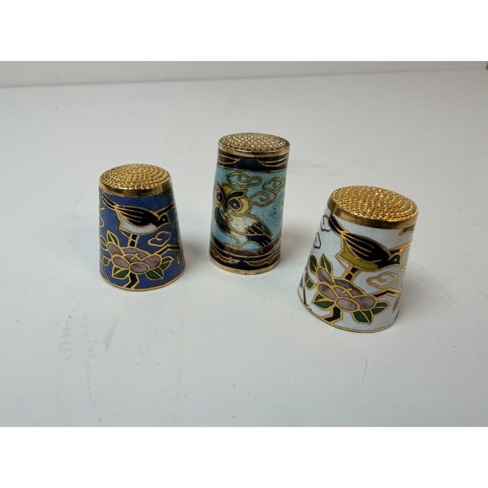 Cloisonne Thimbles Brass and Enamel Multicolor Birds Owl Lot Of 3 Vintage